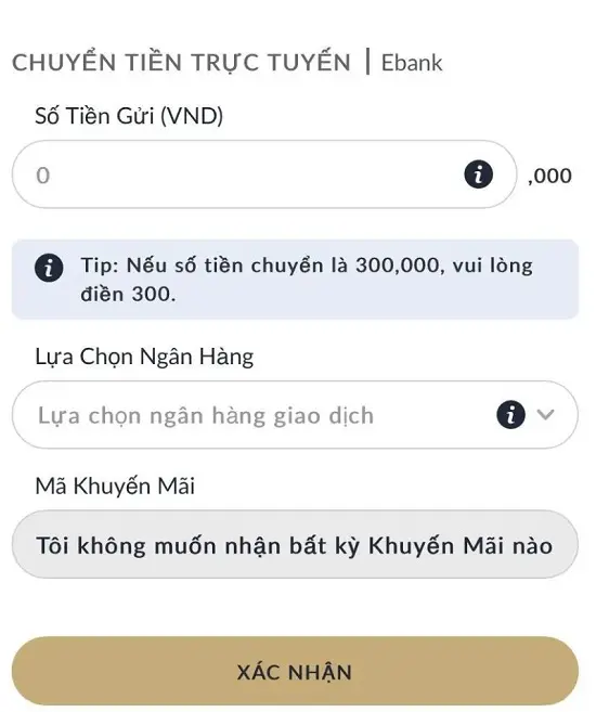 điền số tiền nạp M88